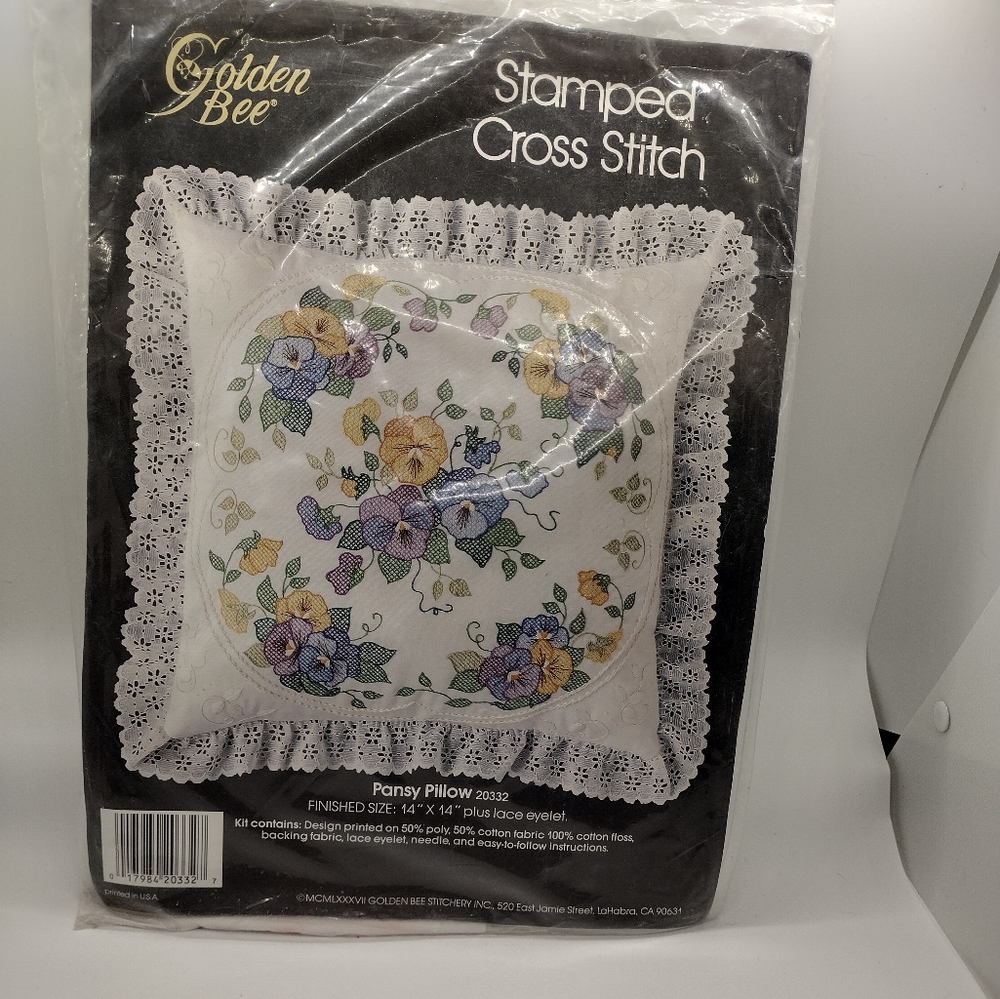 Vintage Golden Bee Stamped Cross Stitch Pansy Pillow Kit Lace 20332 NEW sealed